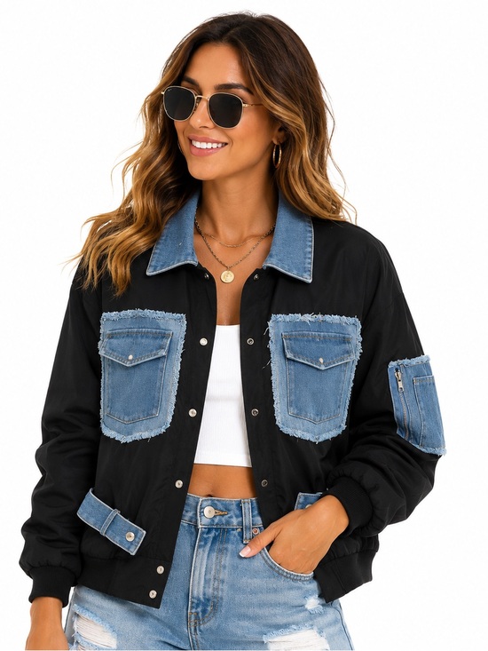 Boutique Jackets & Blazers - 412. New Denim-Trim Black Nylon  Bomber Jacket with Patch Pockets Oversized
